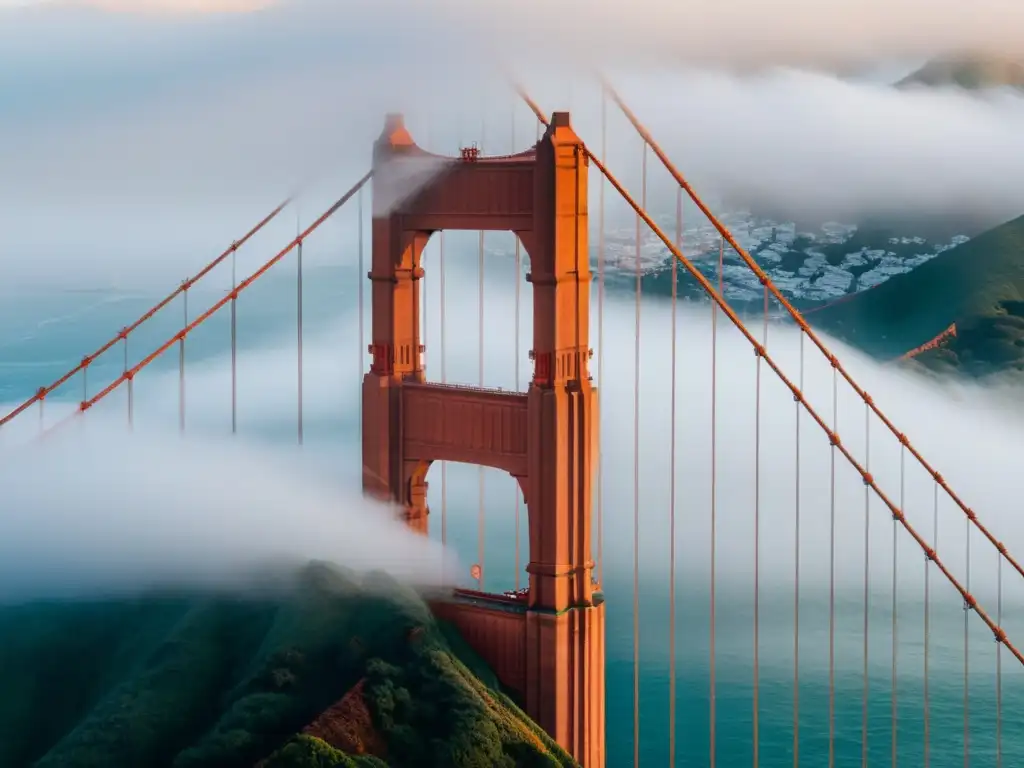 El icónico Puente Golden Gate envuelto en misteriosa neblina, evocando su importancia histórica y moderna ingeniería