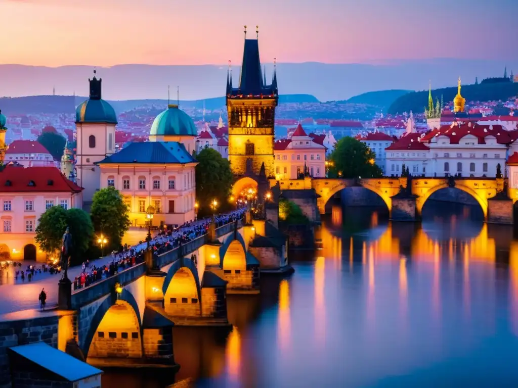 El icónico Puente Carlos de Praga muestra su historia en una detallada imagen al atardecer sobre el río Vltava