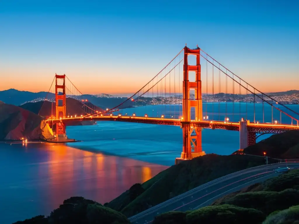 El icónico Puente Golden Gate iluminado al anochecer, reflejándose en las tranquilas aguas de la bahía