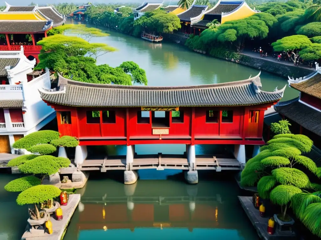 El icónico Puente Japonés Cubierto Hoi An en Vietnam, con estructura roja distintiva y detalles arquitectónicos vívidos