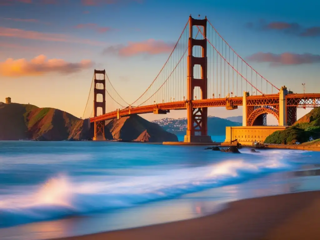 El icónico Puente Golden Gate de San Francisco, majestuoso al atardecer, reflejando su impacto cultural en el mundo