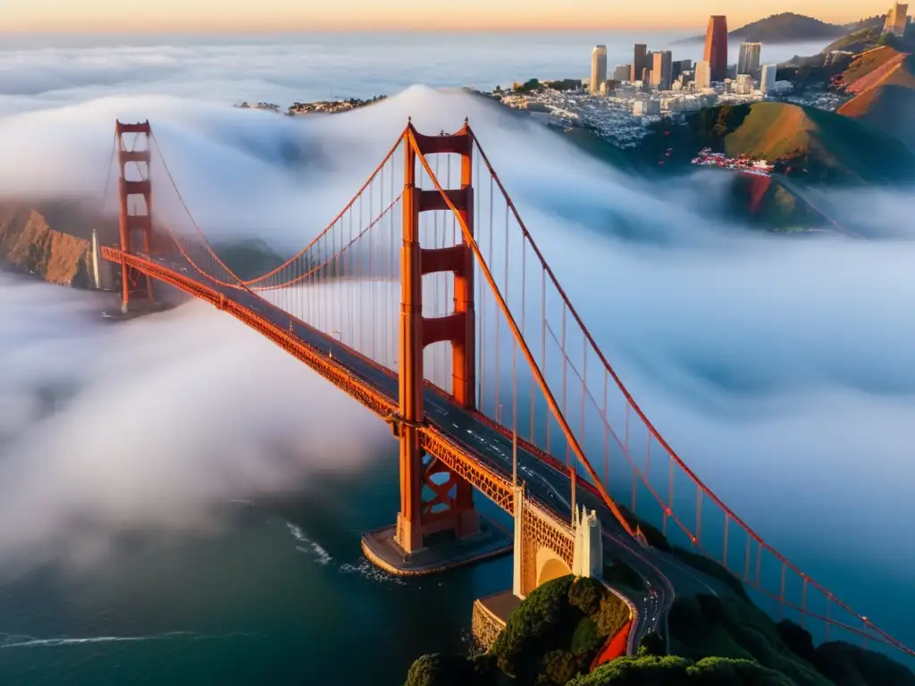 El icónico Puente Golden Gate emerge majestuoso en la densa niebla, destacando su impacto cultural como símbolo de conexión