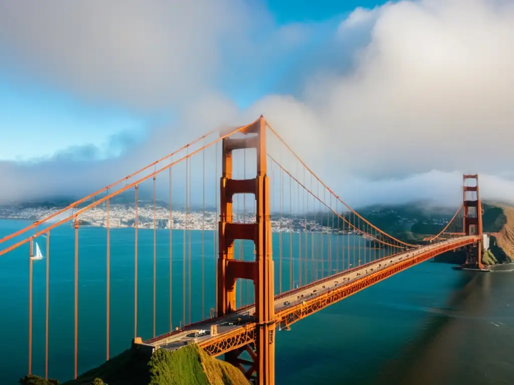 El icónico Puente Golden Gate emerge majestuoso entre la niebla al amanecer en San Francisco, representando puentes icónicos en películas