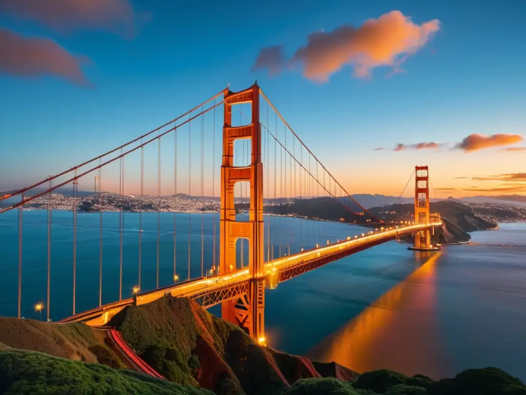 El icónico Puente Golden Gate destaca majestuoso en un vibrante atardecer, reflejando su arquitectura cultural