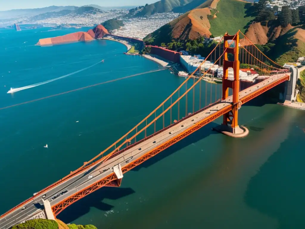 El icónico Puente Golden Gate en San Francisco, con sus majestuosos arcos rojo-anaranjados y el perfil de la ciudad al fondo