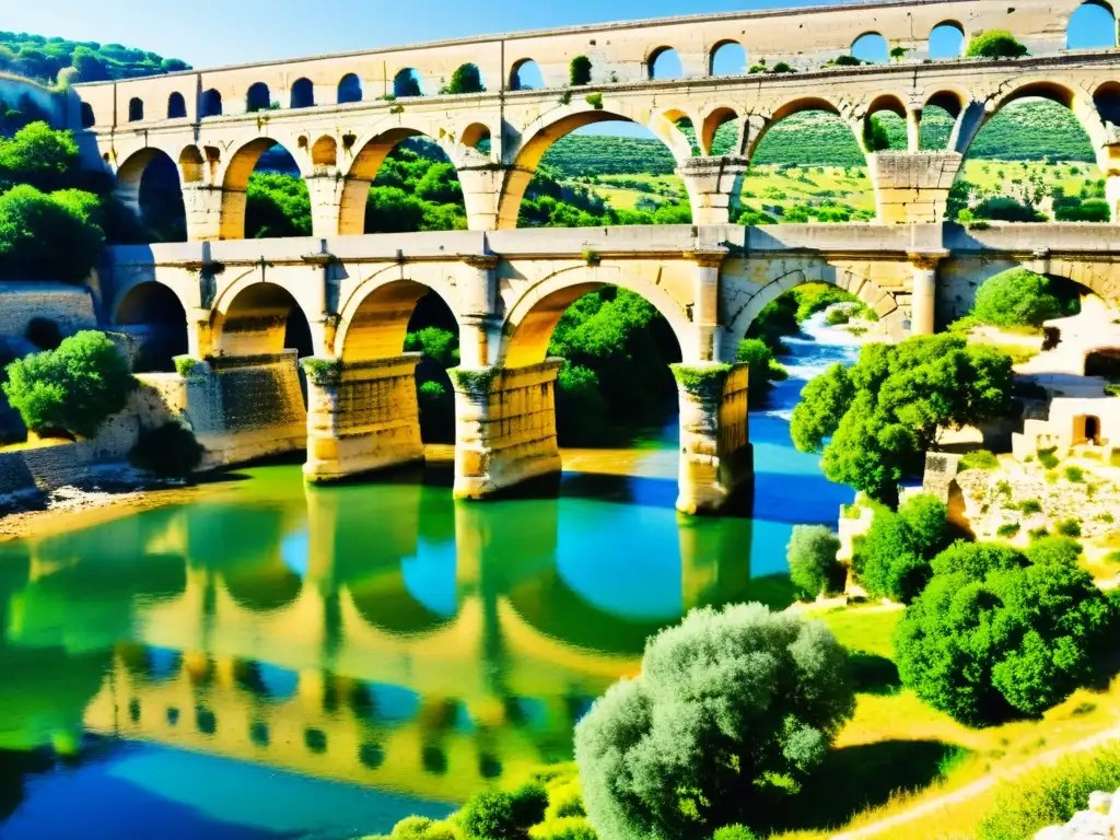 Pont du Gard, puente icónico del mundo, bañado por el sol sobre el río Gardon en Francia, rodeado de historia y naturaleza exuberante