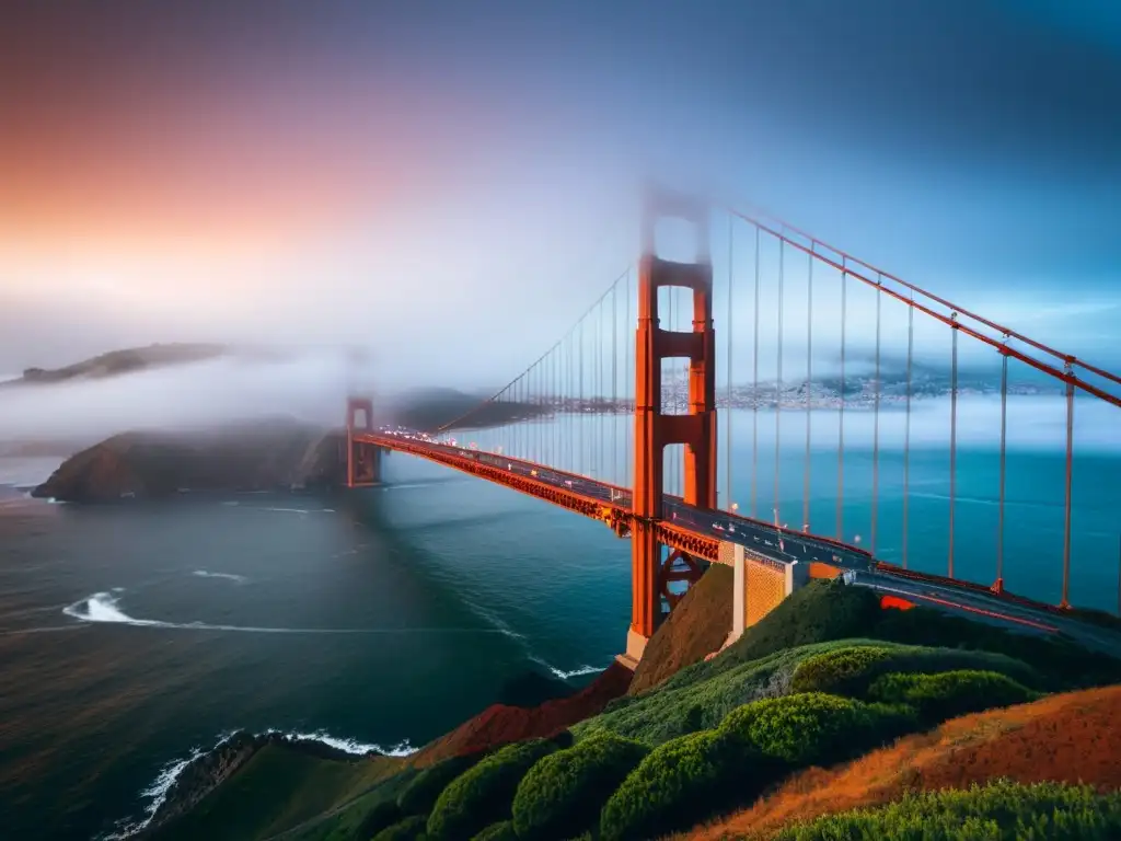 El icónico Puente Golden Gate emerge entre la niebla, evocando misterio y grandeza