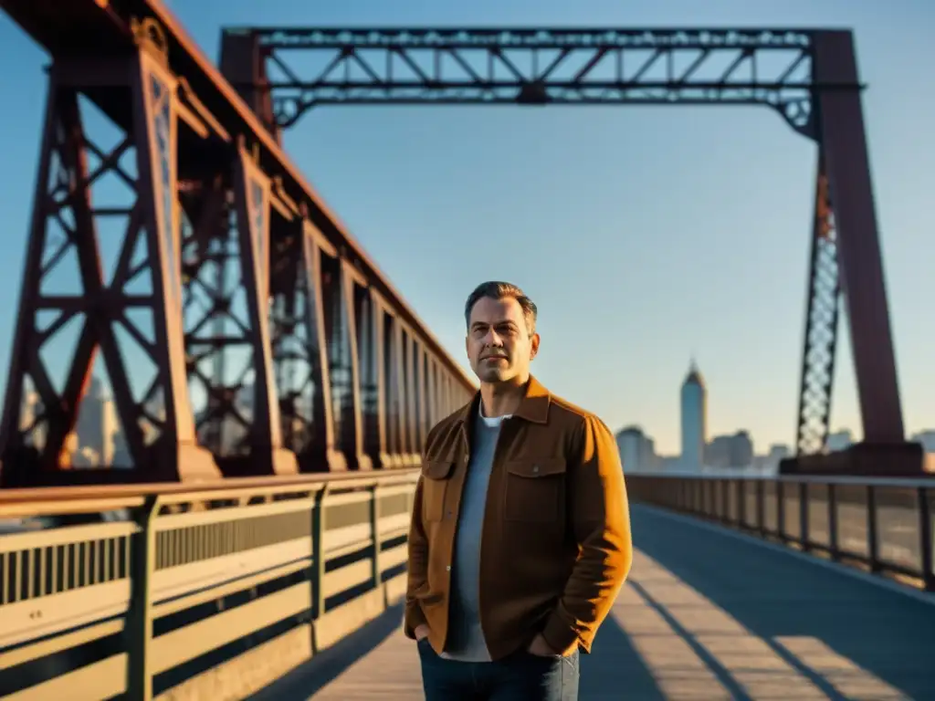 Benjamín Baker admira su icónico puente de acero, mostrando su determinación y dominio ingenieril, impactando el entorno urbano