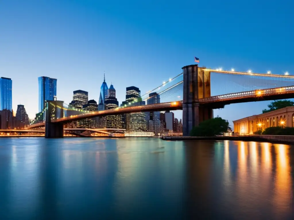 El icónico puente de Brooklyn al anochecer, con sus arcos góticos iluminados por la cálida luz de las farolas