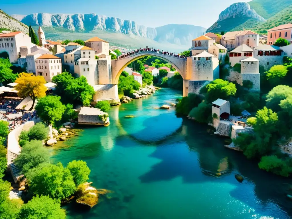 El icónico Puente de Mostar, con sus arcos de piedra y el río Neretva debajo