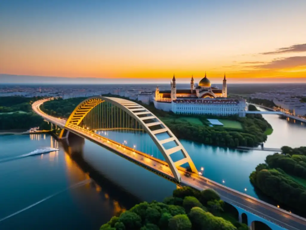 Un icónico puente arqueado resplandece al atardecer, reflejando el impacto cultural y educativo en su majestuosa arquitectura