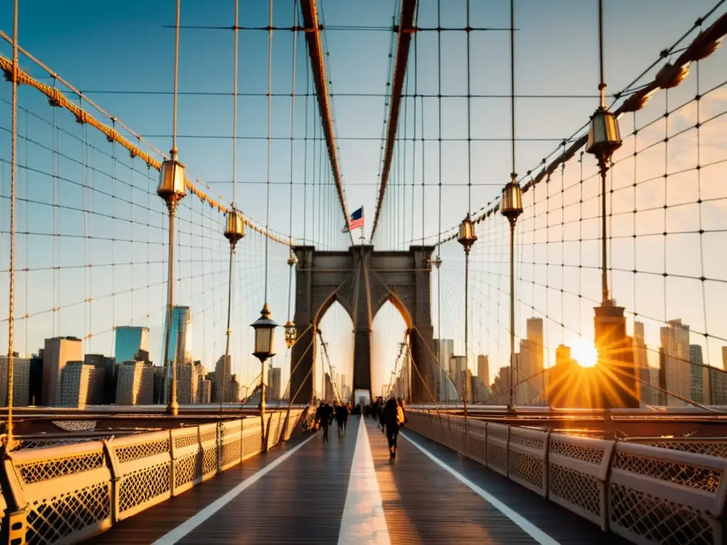El icónico Puente de Brooklyn al atardecer, bañado por cálida luz dorada