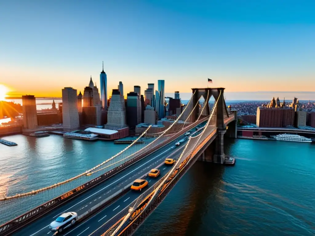 El icónico puente de Brooklyn al atardecer, con la ciudad al fondo y el río debajo