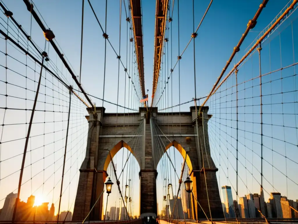 El icónico puente de Brooklyn al atardecer, con sus detalles góticos y juego de luces y sombras, evoca su significado cultural y majestuosidad urbana