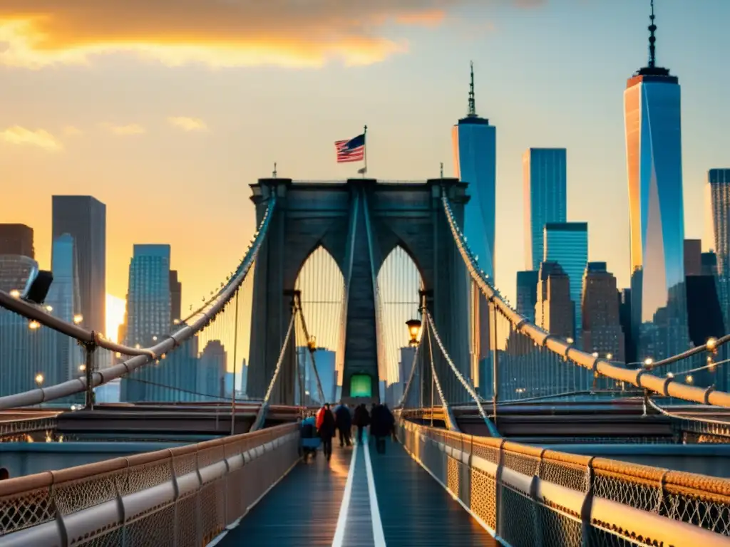 El icónico Puente de Brooklyn al atardecer, reflejando su grandeza sobre el río East