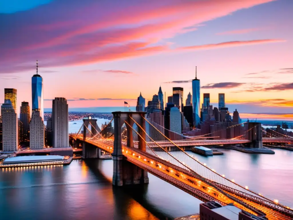 El icónico Puente de Brooklyn al atardecer, reflejando su influencia cultural en la majestuosa arquitectura y el paisaje urbano al fondo