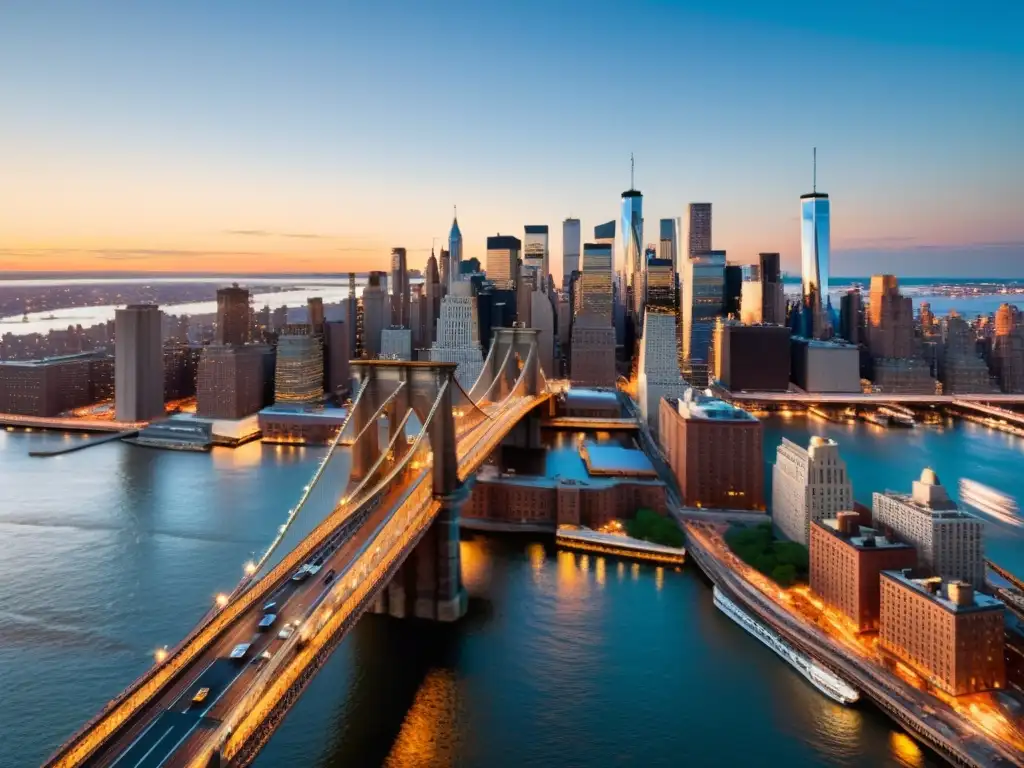 El icónico puente de Brooklyn al atardecer, reflejando la luz dorada de la ciudad