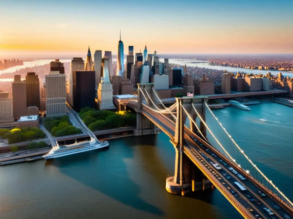 El icónico Puente de Brooklyn al atardecer, con la majestuosa ciudad de fondo