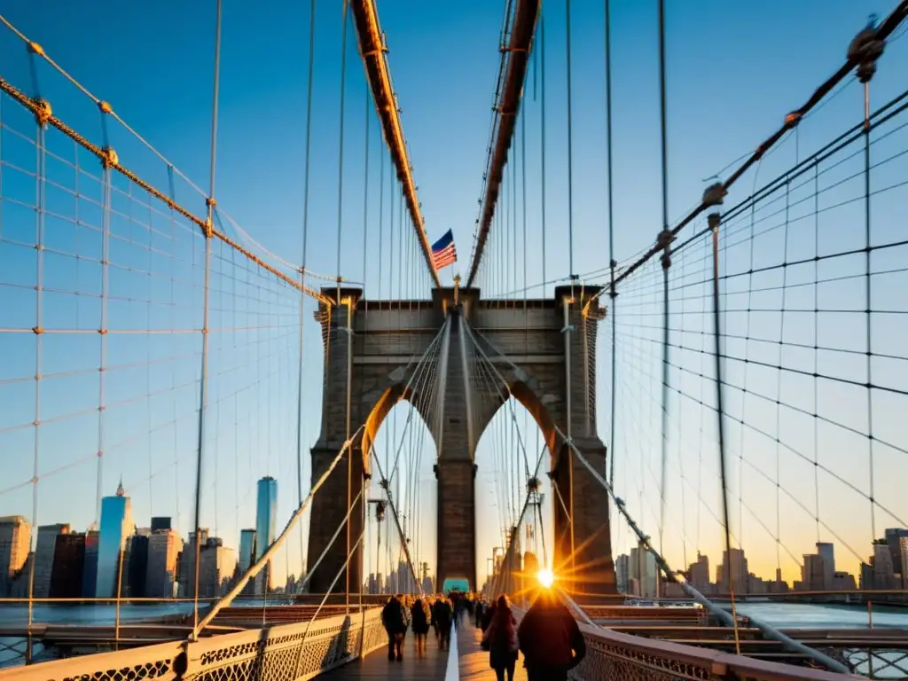 El icónico Puente de Brooklyn conectando Manhattan y Brooklyn al atardecer