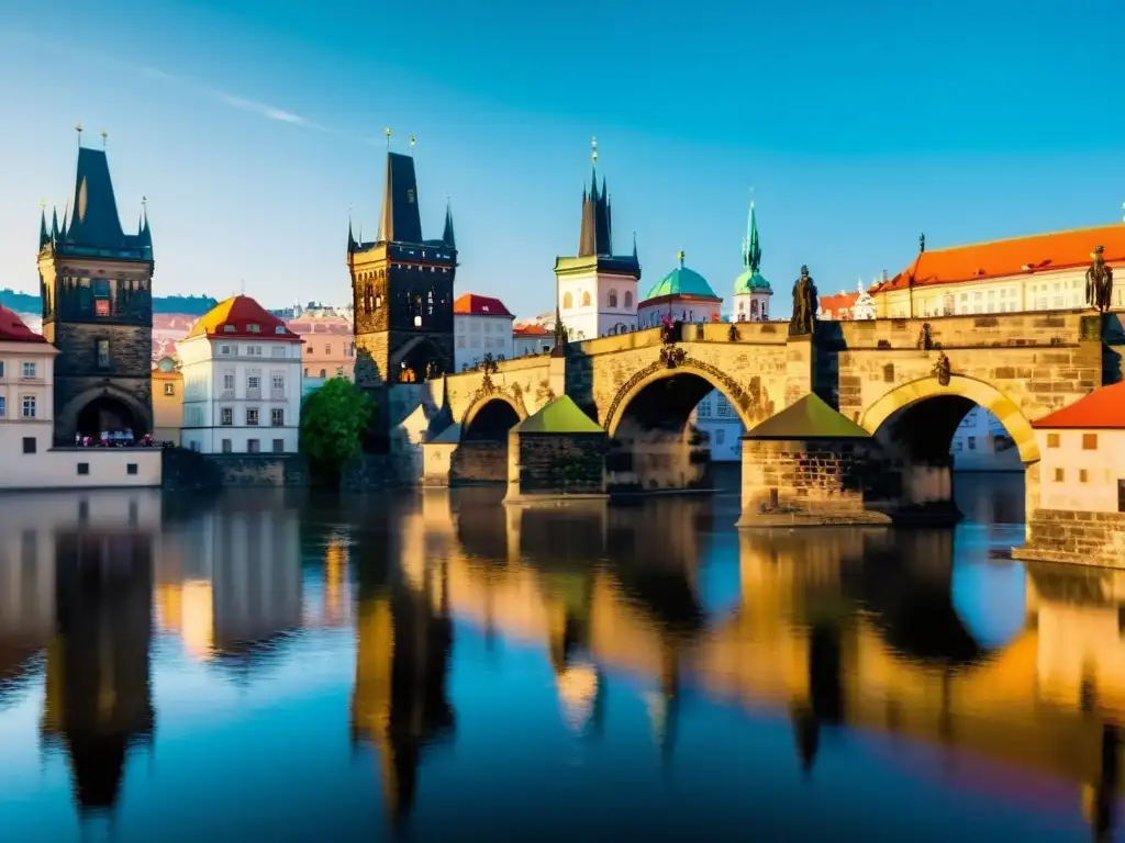 El icónico Puente de Carlos en Praga se baña en la luz de la mañana, reflejando su belleza atemporal