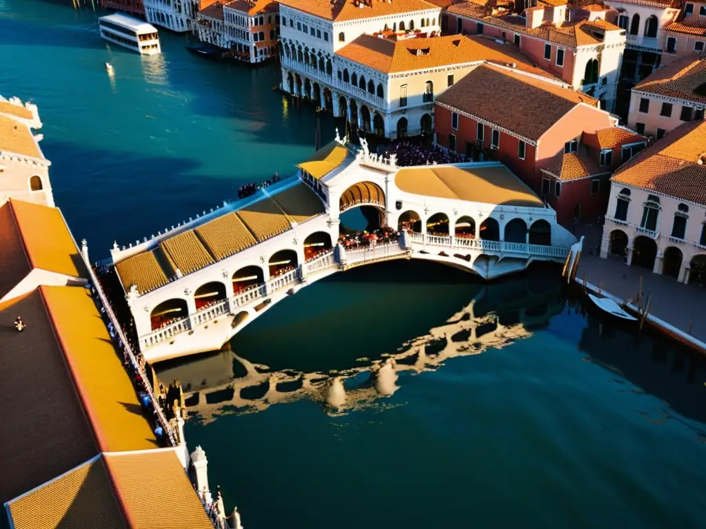 El icónico puente de Rialto en Venecia bañado por la cálida luz dorada, reflejando el impacto económico de puentes icónicos