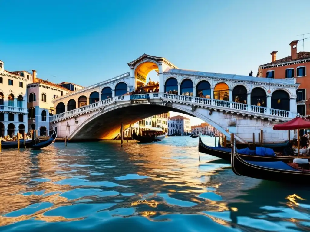 El icónico puente de Rialto en Venecia, Italia, bañado por la cálida luz del atardecer