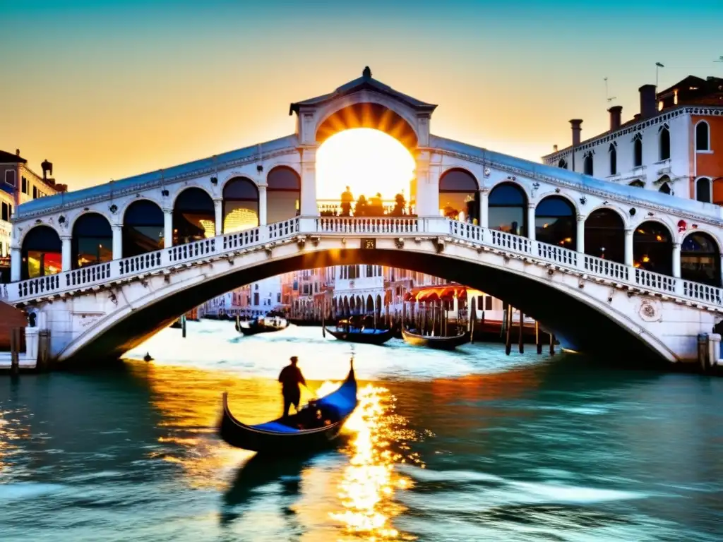 El icónico Puente de Rialto en Venecia, Italia, bañado por la cálida luz del atardecer