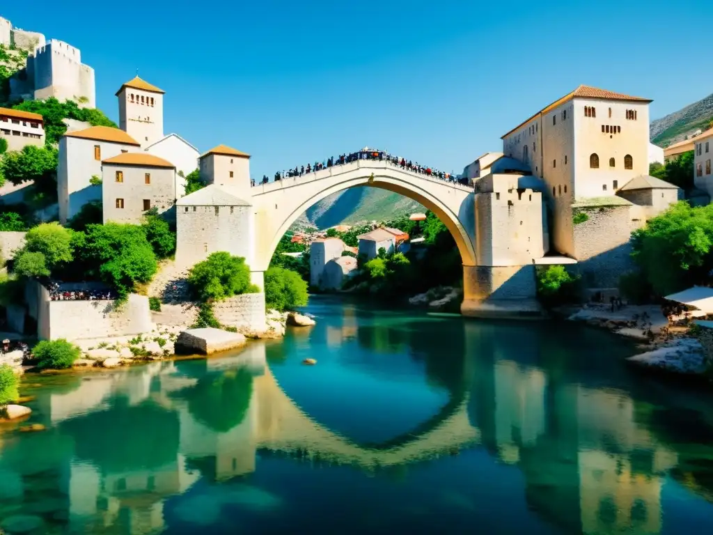 El icónico Puente de Mostar en Bosnia y Herzegovina, con su elegante arco y reflejo en el río Neretva, evoca la historia y arquitectura del lugar