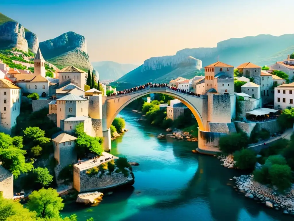 El icónico Puente de Mostar en Bosnia y Herzegovina, bañado por la cálida luz del atardecer, destaca sobre el sereno río Neretva