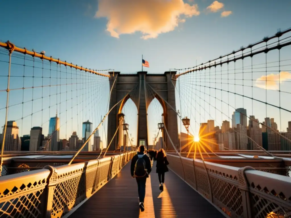 El icónico Puente de Brooklyn bañado por la cálida luz del atardecer, revelando su historia y arquitectura gótica mientras la ciudad se asoma al fondo