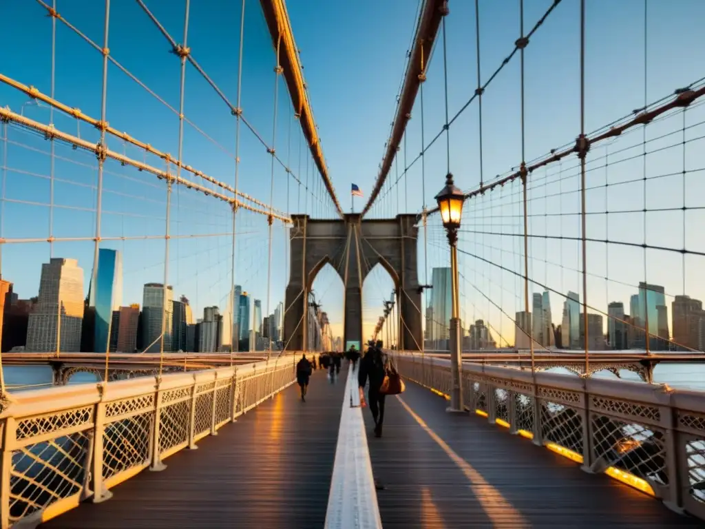 El icónico puente de Brooklyn bañado por la cálida luz del atardecer, destacando su historia, arquitectura y actividad urbana