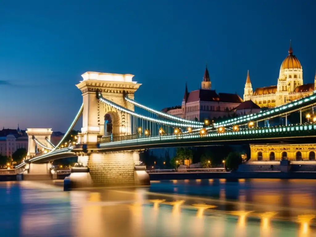 Fotografiando el icónico Puente de las Cadenas de Budapest, iluminado de noche sobre el río Danubio, con luces de la ciudad de fondo