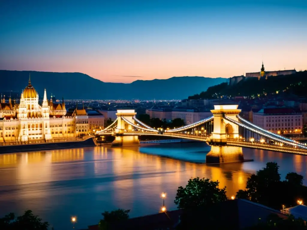 Fotografiando el icónico Puente de las Cadenas de Budapest, iluminado y majestuoso sobre el río Danubio, con el imponente Castillo de Buda de fondo