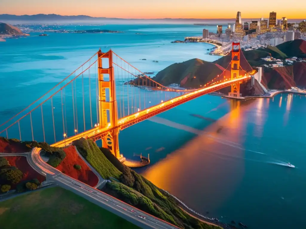 Un icónico puente en San Francisco bañado por la cálida luz dorada del atardecer, destacando su papel en el desarrollo sostenible urbano