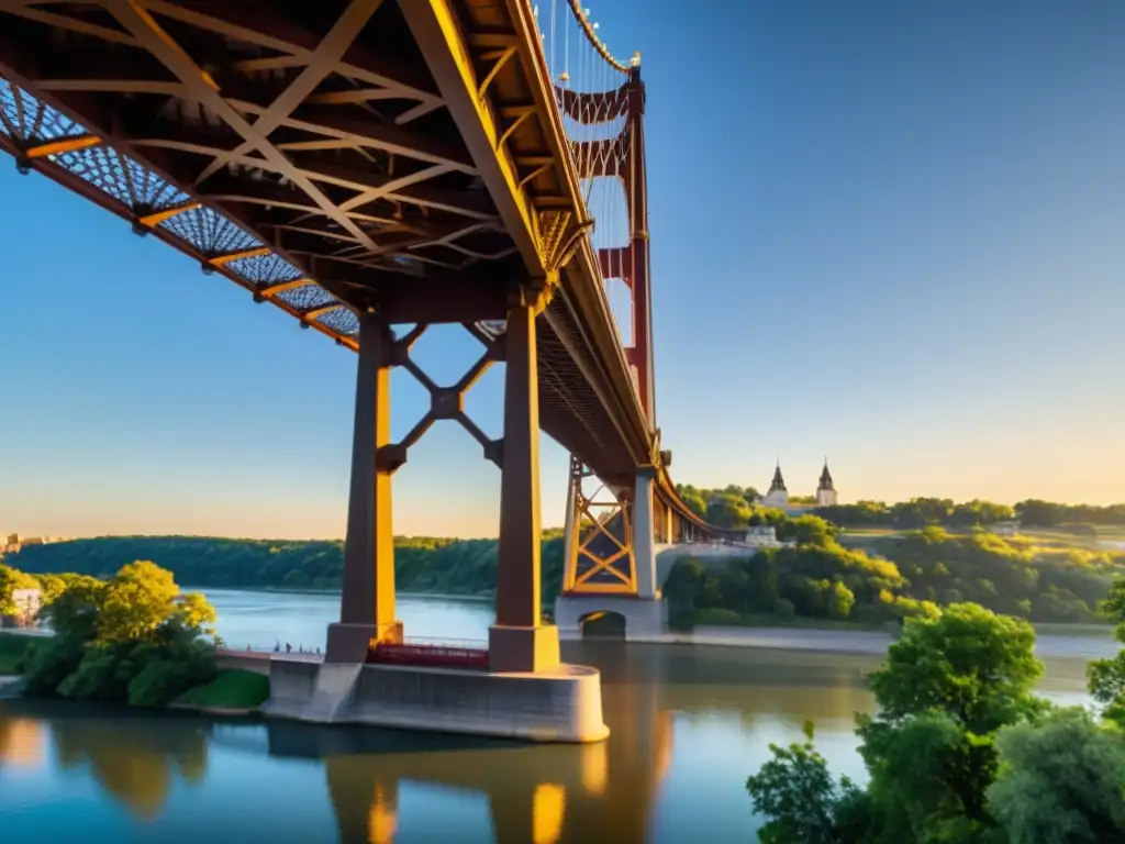 Fotografía de un icónico puente capturado durante la hora dorada, destacando su majestuoso diseño y la energía vibrante de la ciudad