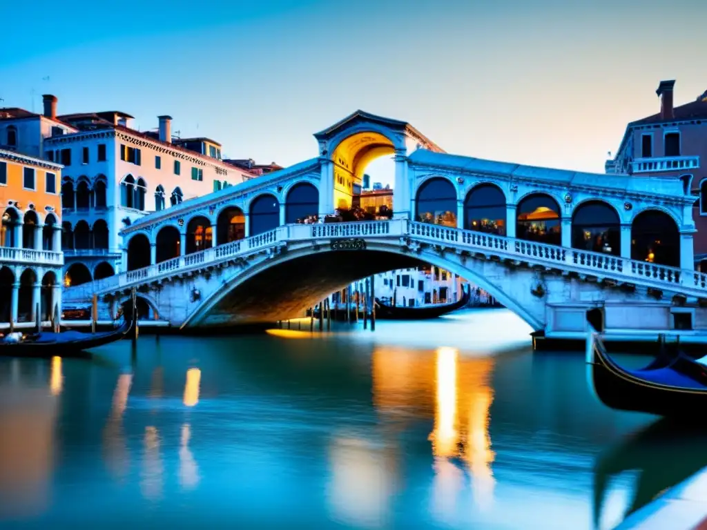 El icónico Puente de Rialto en Venecia capturado durante la hora dorada, exudando elegancia y la historia de la arquitectura renacentista