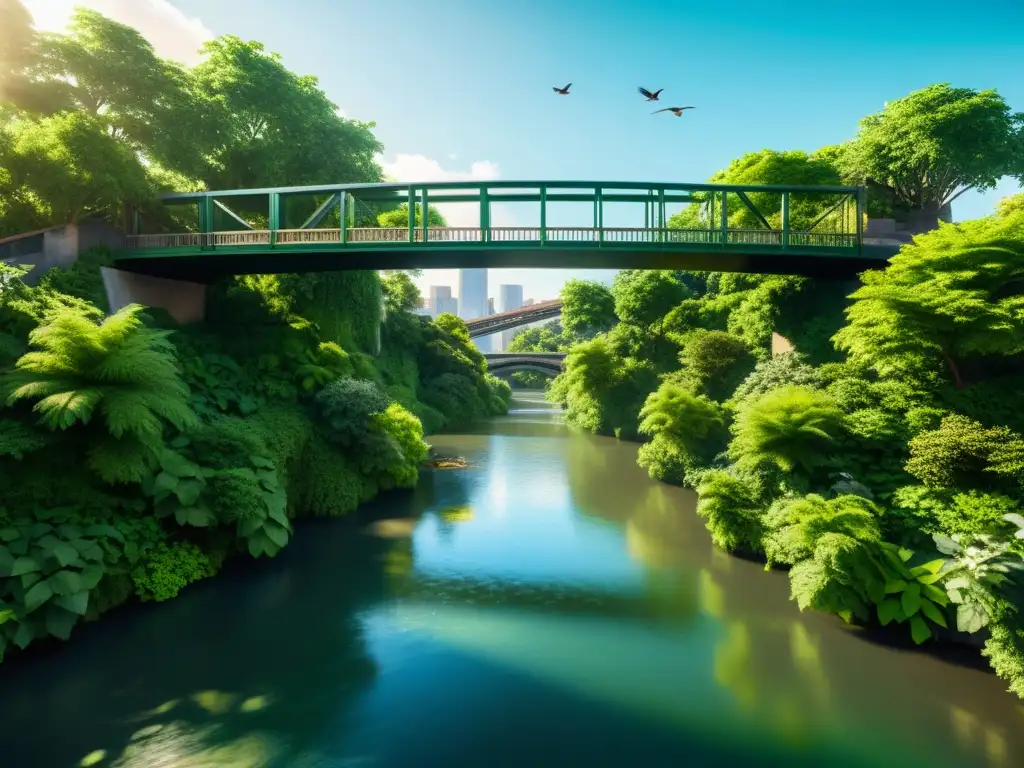 Un icónico puente integrando espacios naturales en la ciudad, rodeado de exuberante vegetación y aves en vuelo sobre el río tranquilo