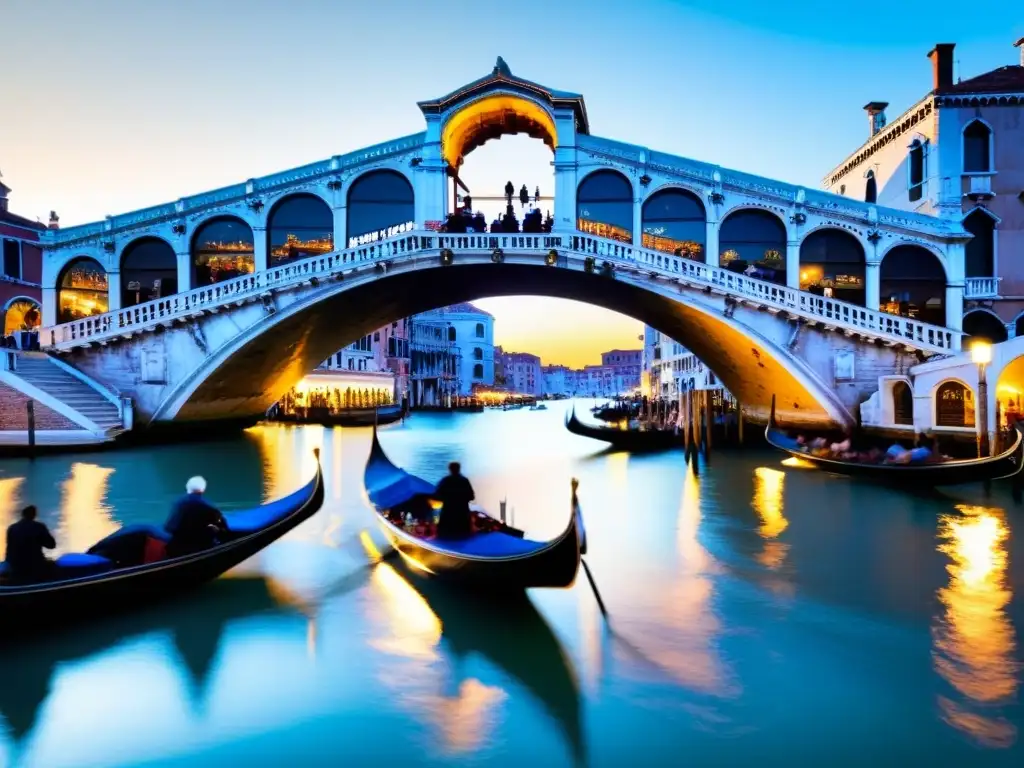 El icónico Puente de Rialto en Venecia, con góndolas bajo el cálido atardecer, refleja el impacto sociocultural de puentes icónicos