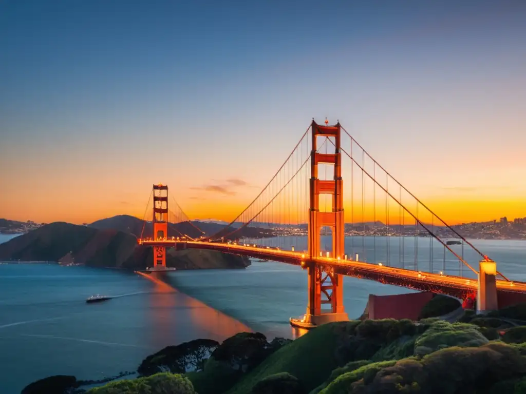 Un icónico puente durante la hora dorada en San Francisco, reflejando su impacto económico