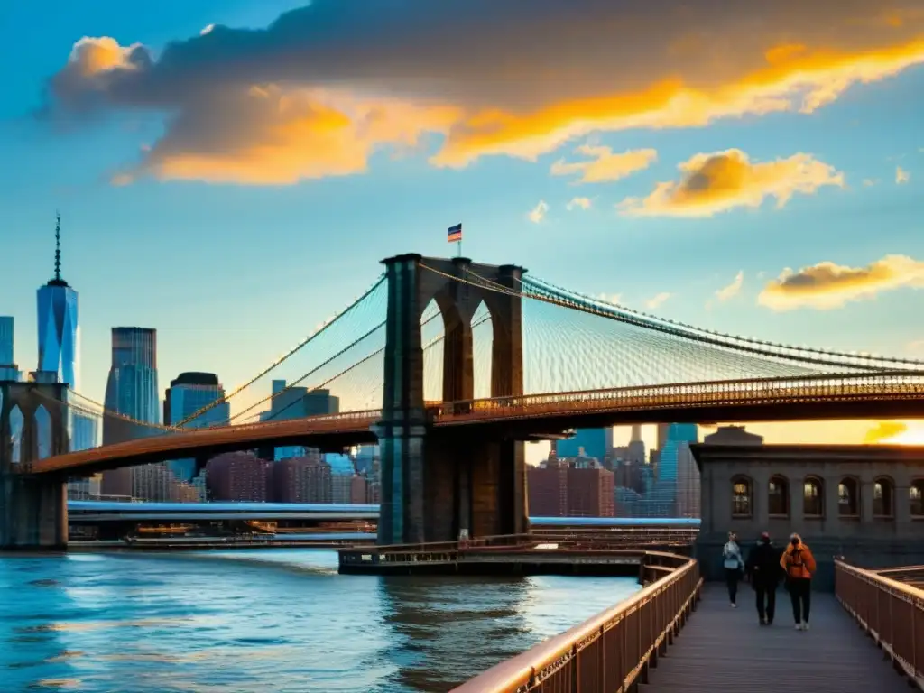 El icónico Puente de Brooklyn se alza majestuoso sobre el río al atardecer, con el skyline de Manhattan de fondo y una animada actividad