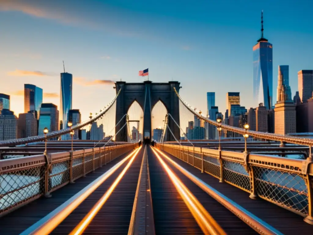 El icónico Puente de Brooklyn se alza majestuoso sobre el skyline de Nueva York al atardecer, reflejando su importancia histórica y cultural