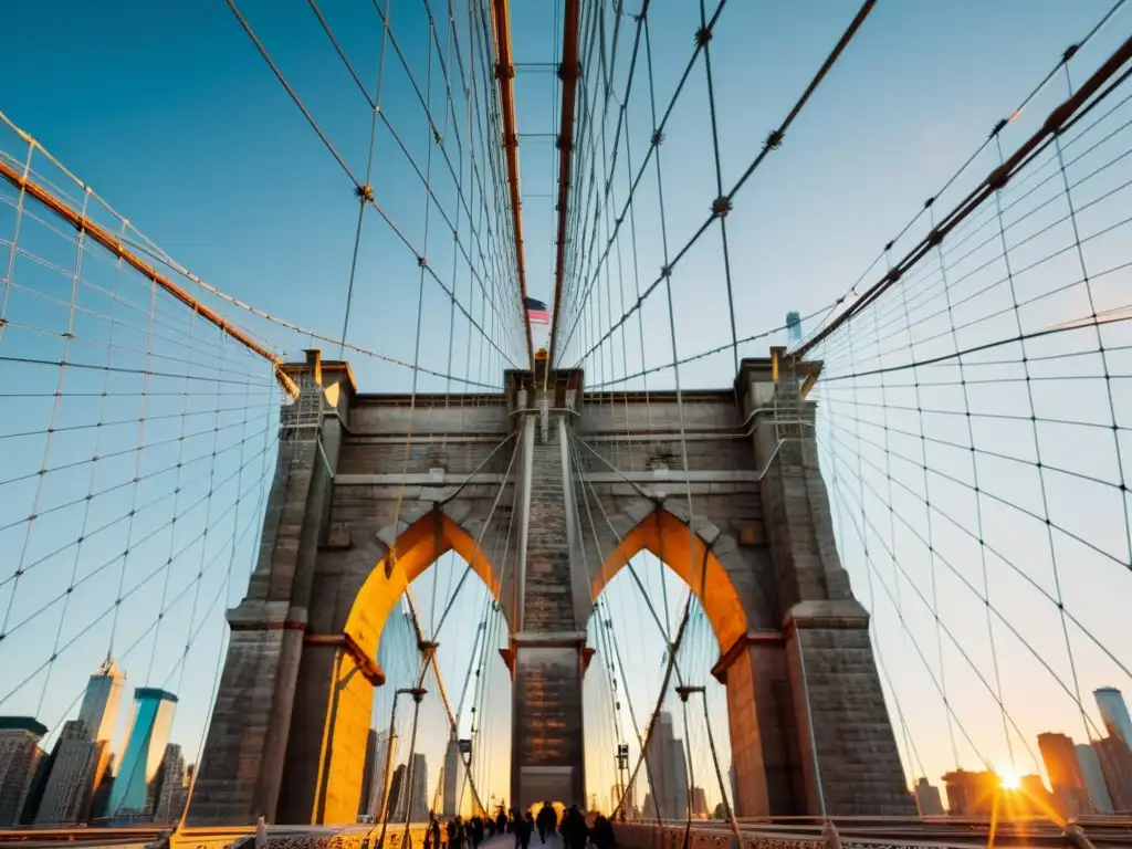 El icónico puente de Brooklyn se eleva majestuoso contra un vibrante atardecer, simbolizando la simbología puentes novelas contemporáneas