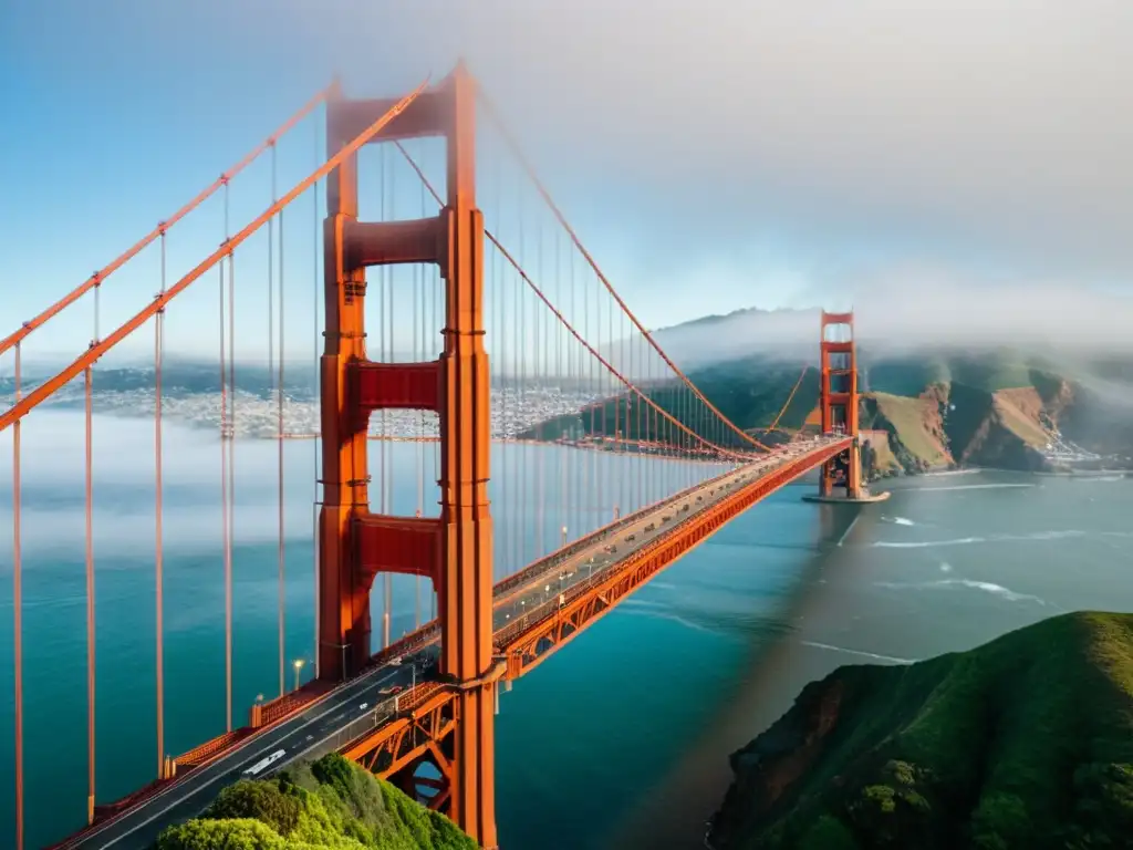 Un icónico puente rojo-naranja se desvanece en la niebla de la mañana en San Francisco, con la ciudad al fondo