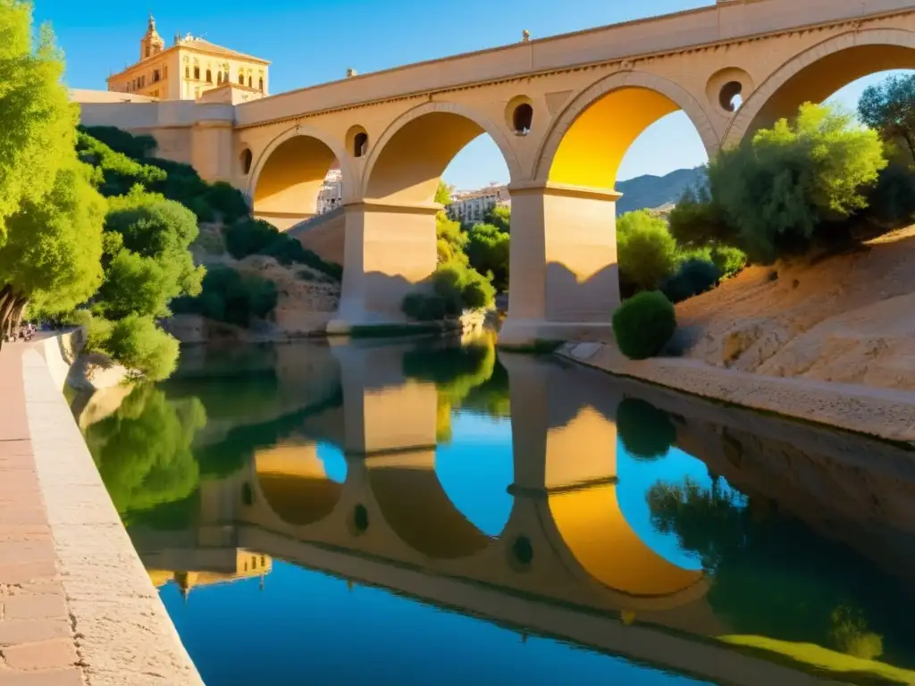 El icónico Puente de los Peligros en Murcia, España, bañado por la cálida luz del atardecer, con su arquitectura barroca y detalles de piedra