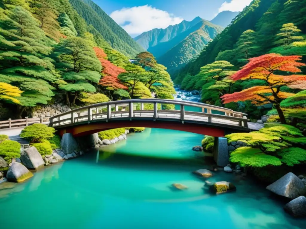 El icónico Puente de Piedra Shinkyo en Japón, sitio de patrimonio mundial de la UNESCO, se eleva sobre las aguas turquesas del río Daiwa