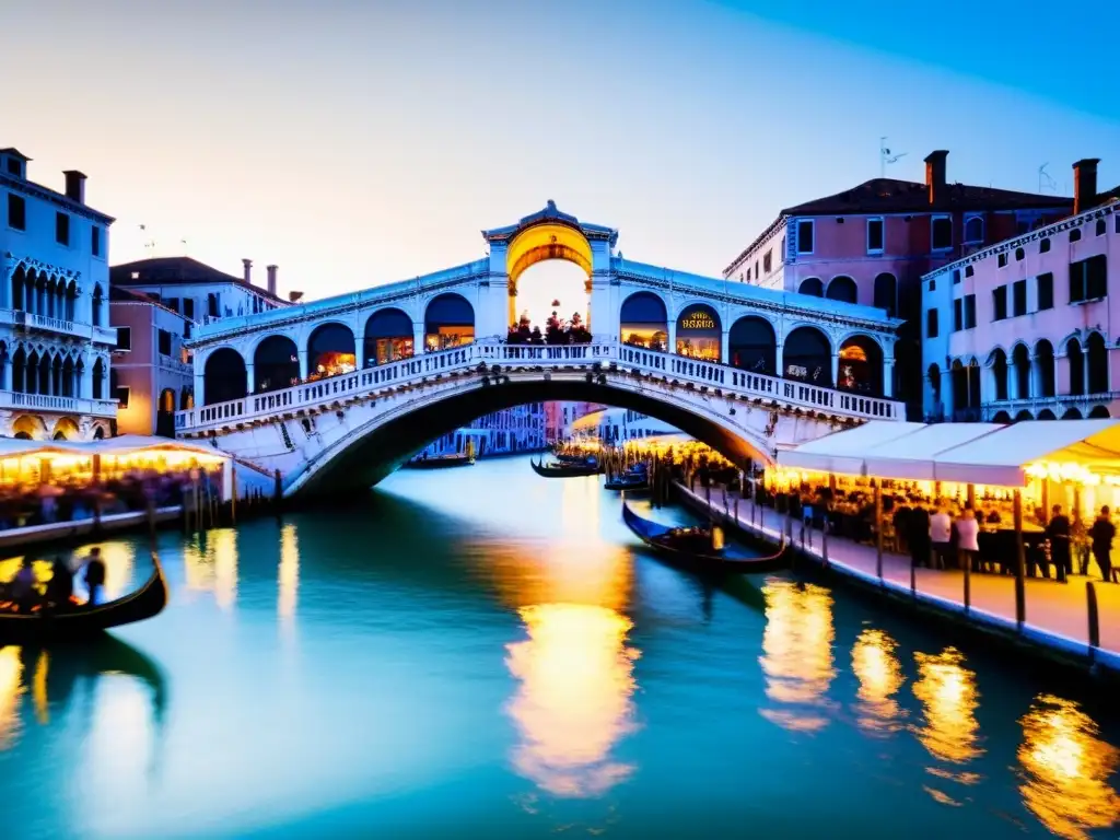 El icónico Puente Rialto en Venecia durante un vibrante festival de música, con conciertos, góndolas y edificios históricos