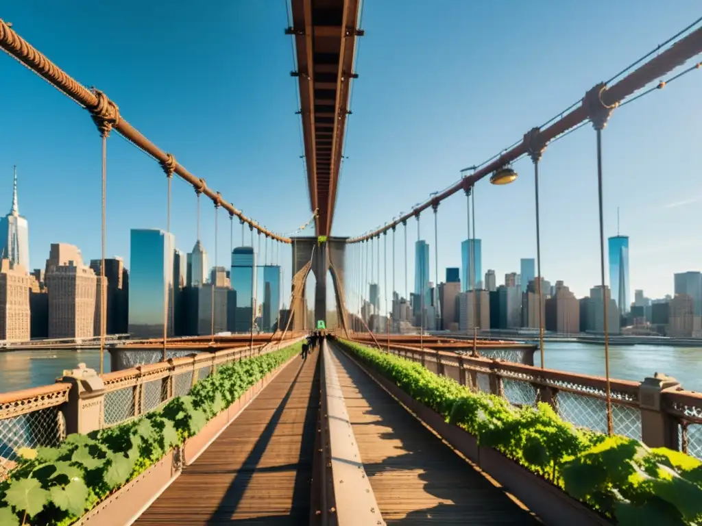 El icónico Puente de Brooklyn se alza sobre el río East con la majestuosa silueta de Nueva York de fondo, en contraste con viñedos