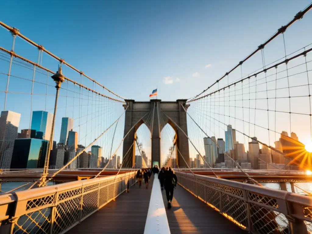 El icónico Puente de Brooklyn sobre el río East, con el sol poniéndose detrás del skyline de Manhattan