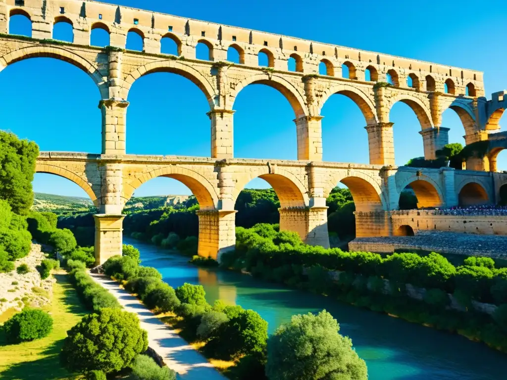 El icónico puente romano de Pont du Gard, con sus majestuosos arcos y exuberante vegetación, bañado por la cálida luz del sol