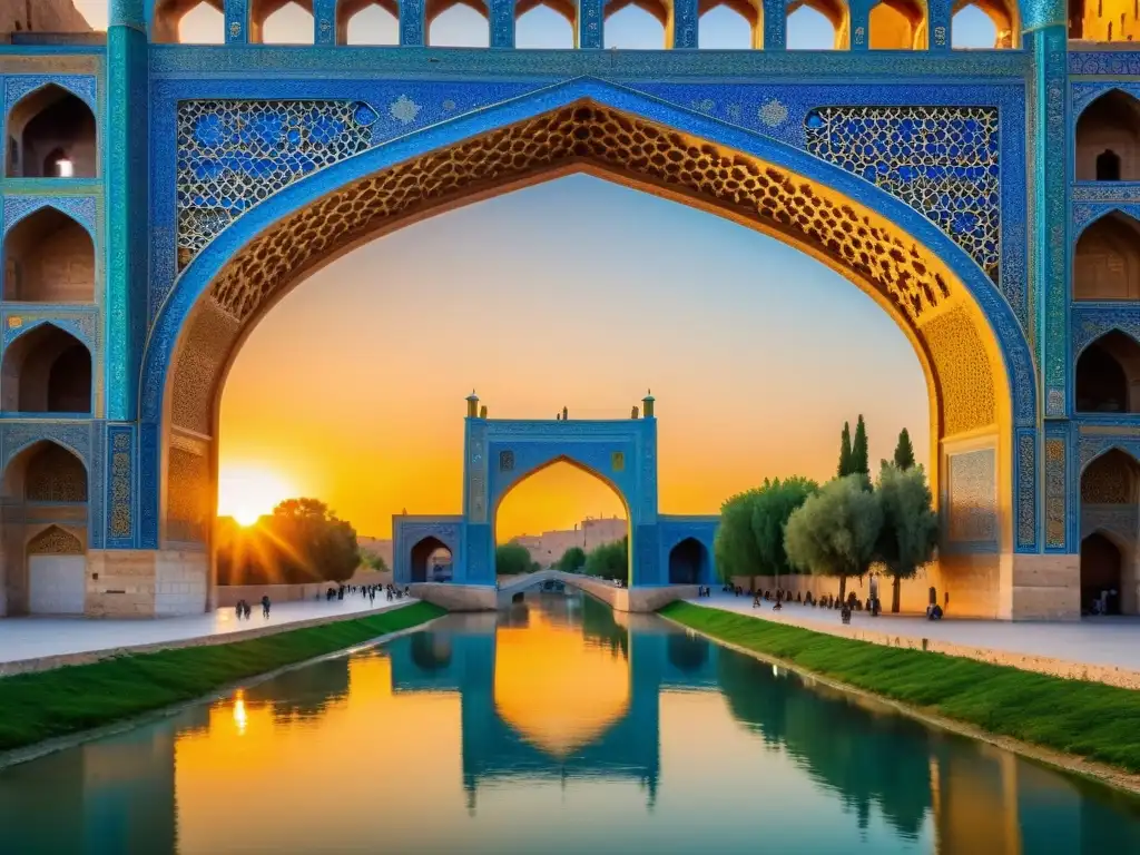 Un icónico puente sostenible en Isfahán, Irán, reflejando la armonía entre arquitectura y comunidad local durante un vibrante atardecer